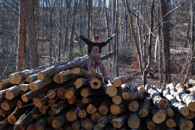 Bren on top of a pile of logs at Pioneer Mountain Homestead