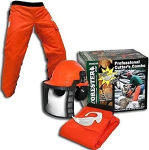 Chainsaw chaps, helmet, eye and ear protection combo.