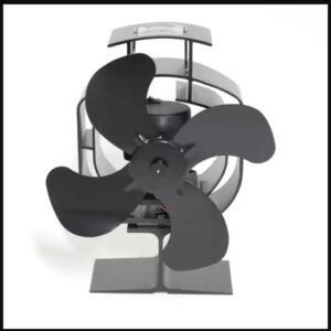 Wood stove fan helps to distribute heat in a room.