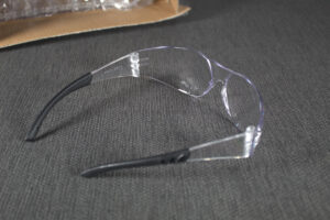 Side view of a pair of safety glasses.